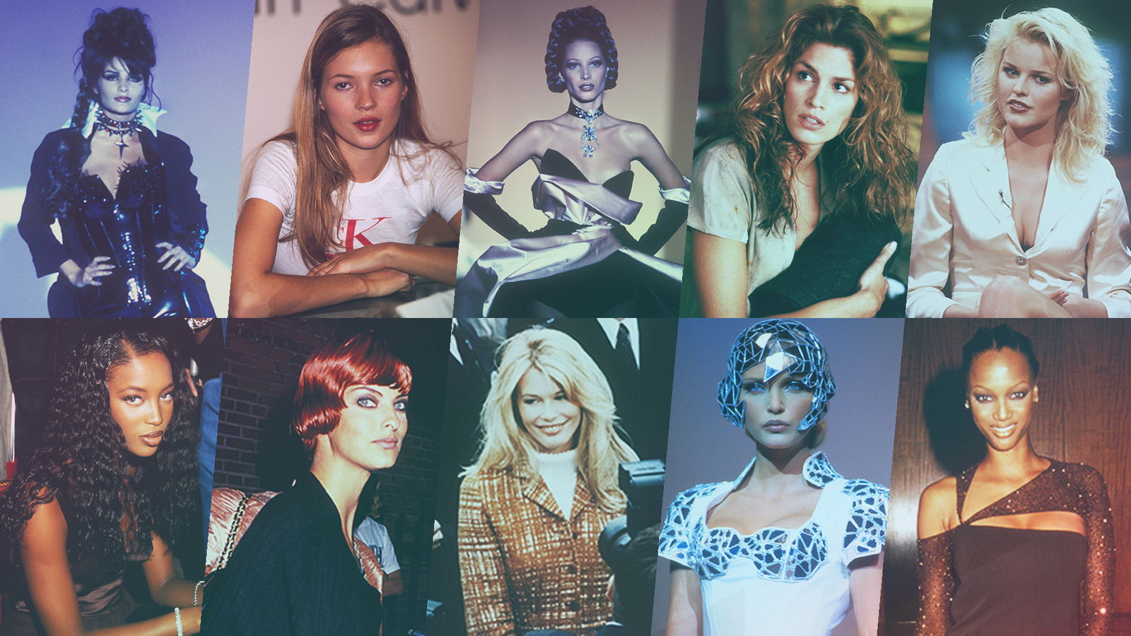 90s-Supermodels: Helene Christensen, Kate Moss, Christy Turlington, Cindy Crawford, Eva Herzigova, Naomi Campbell, Linda Evangelista, Claudia Schiffer, Nadja Auermann & Tyra Banks.