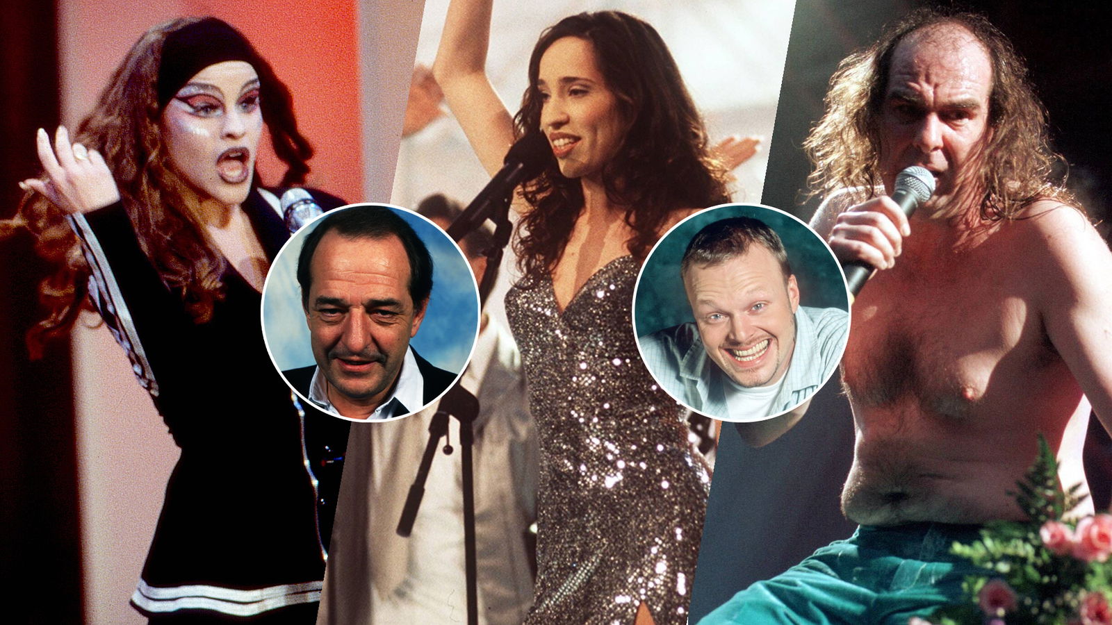 90s ESC-Acts: Mekado (1994) und Sürpriz (1999) mit ihrem Produzenten Ralph Siegel & Guildo Horn (1998) mit seinem Produzenten Alf Igel (Stefan Raab)