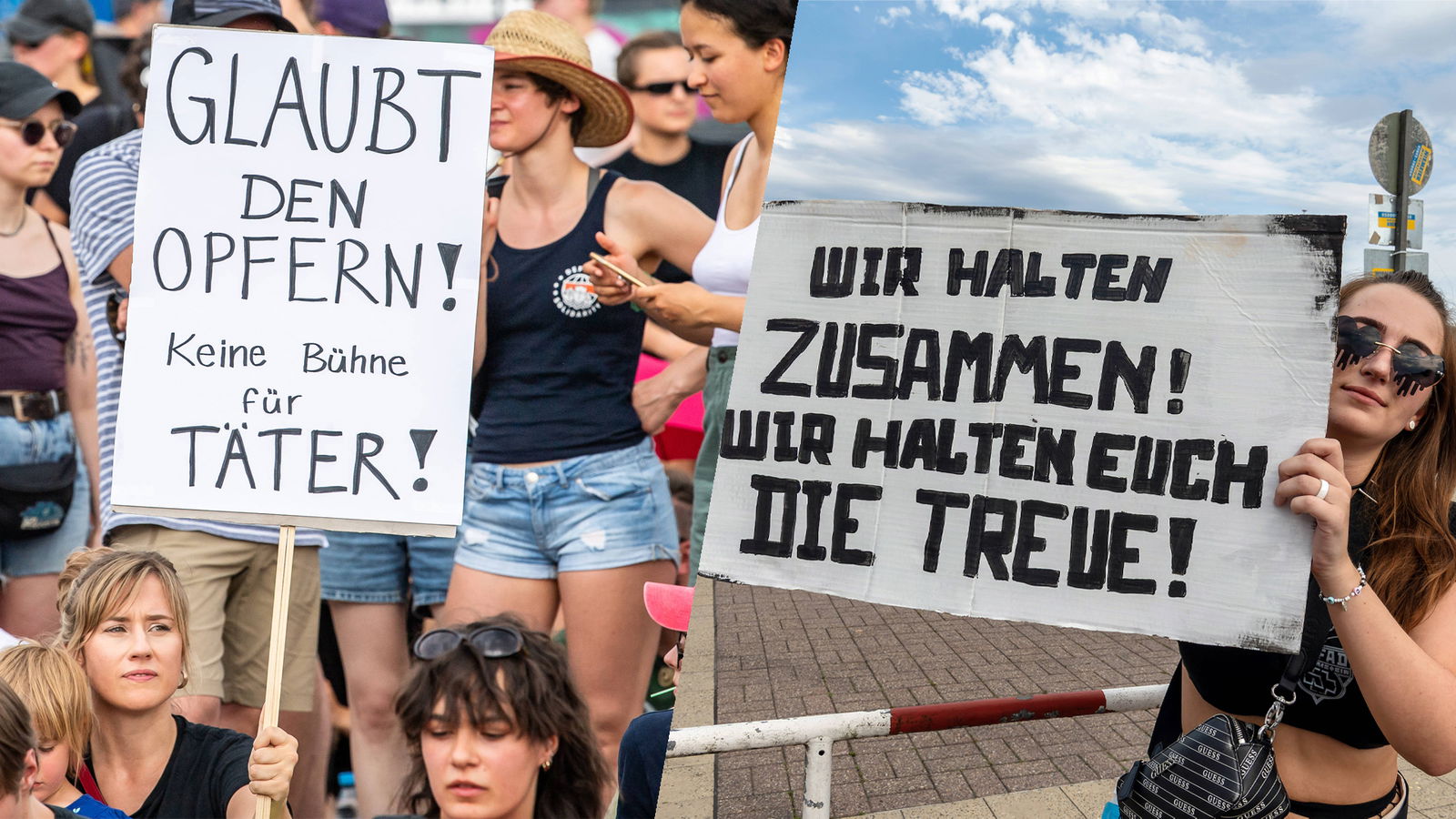 Links: Proteste vor dem Berlin-Konzert von Rammstein / Rechts: Ein Rammstein-Fan mit Plakat