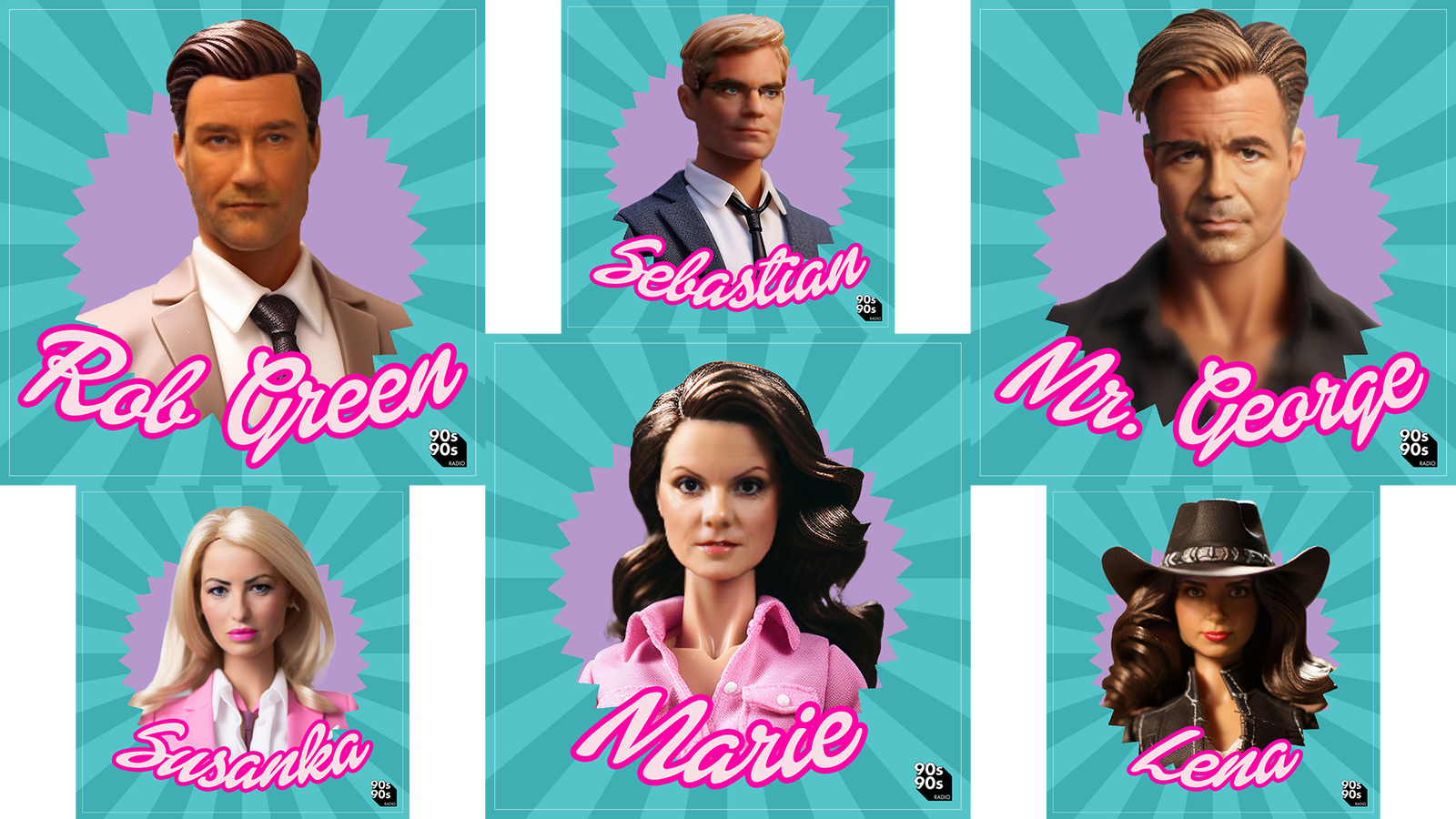 Die 90s90s Moderator*innen Rob Green, Marie, Mr. George, Susanka, Sebastian & Lena als Barbie & Ken