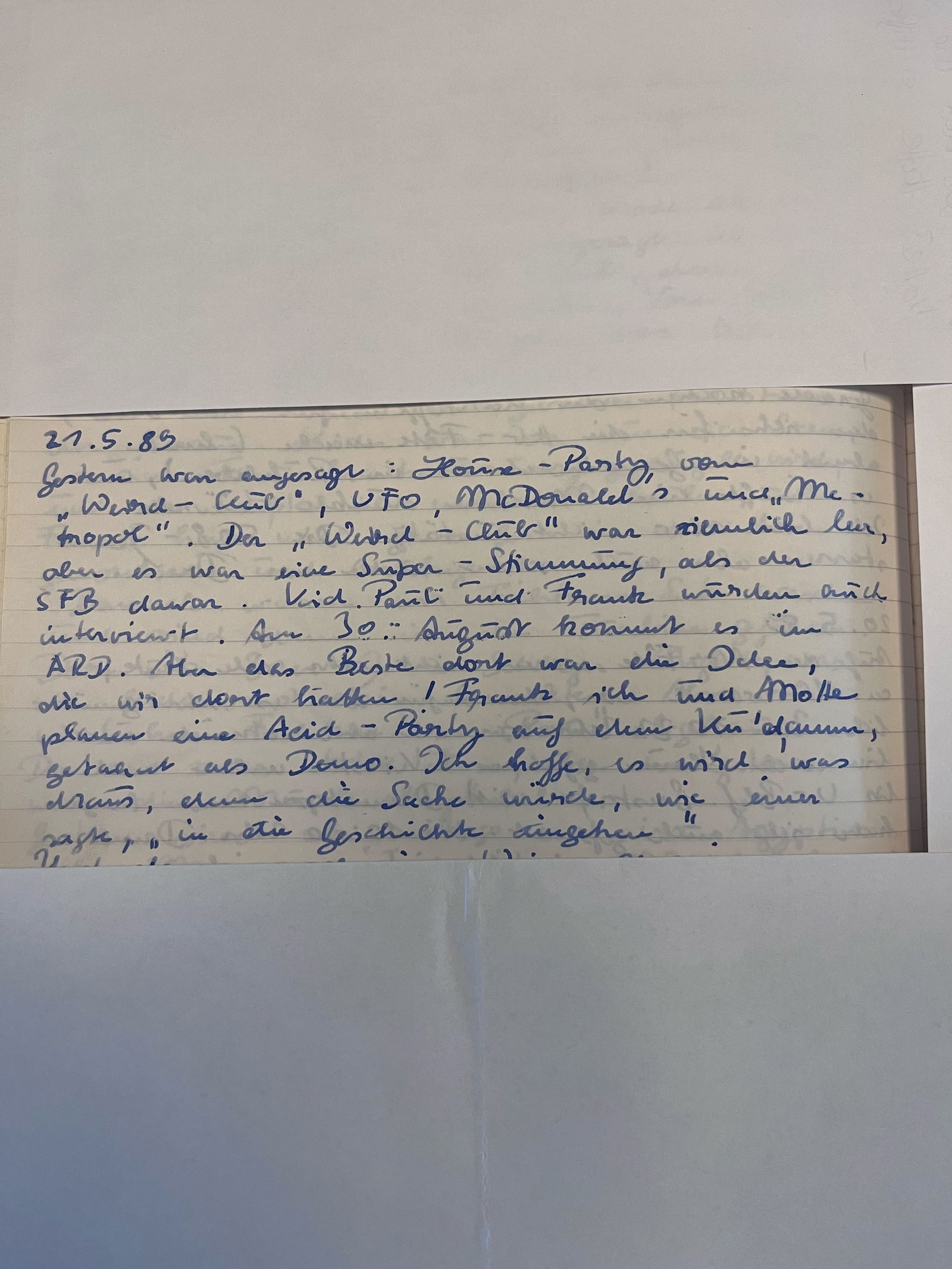 Tagesbucheintrag von Miriam Scheffler vom 21. Mai 1989