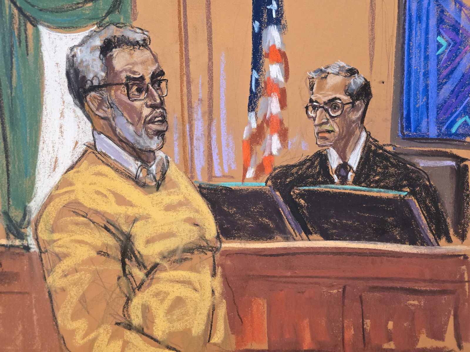 Zeichnung: P. Diddy & der Richter während des finalen Statemants